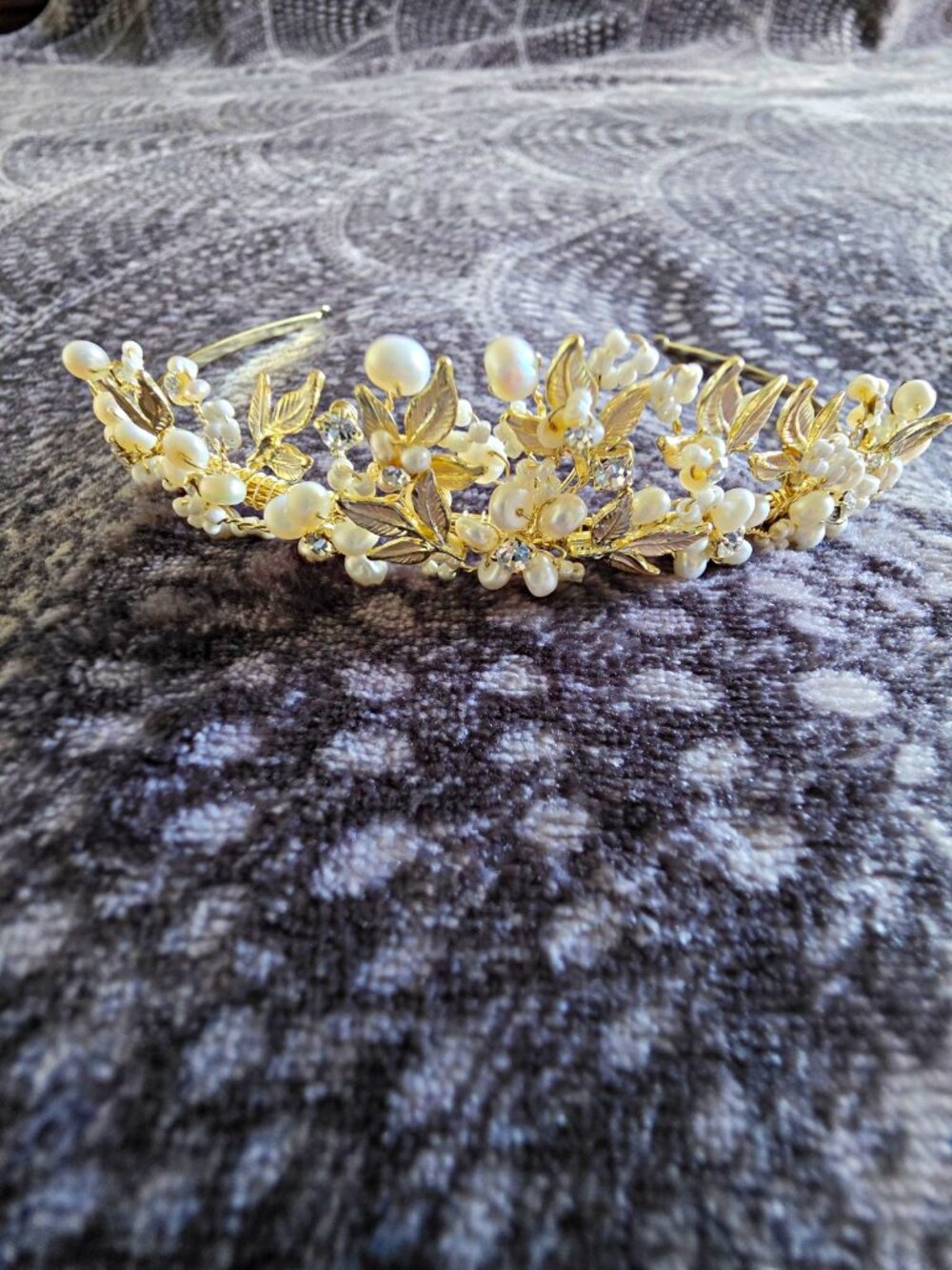 Gold Floral Pearl Tiara Headband, Brushed Metal Bridal Hair Accessory